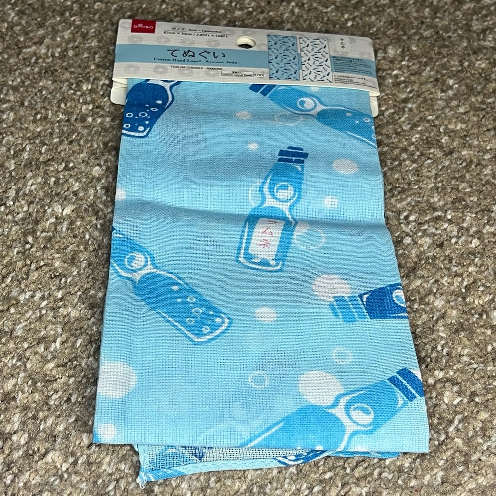 Tenugui Cotton Hand Towel Ramune Soda Pop Pattern Blue White Traditional Japan